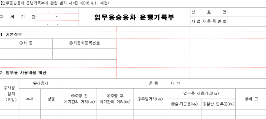업무용승용차 운행기록부 서식(주행 전후 거리, 출퇴근용·일반 업무용 거리 칸)