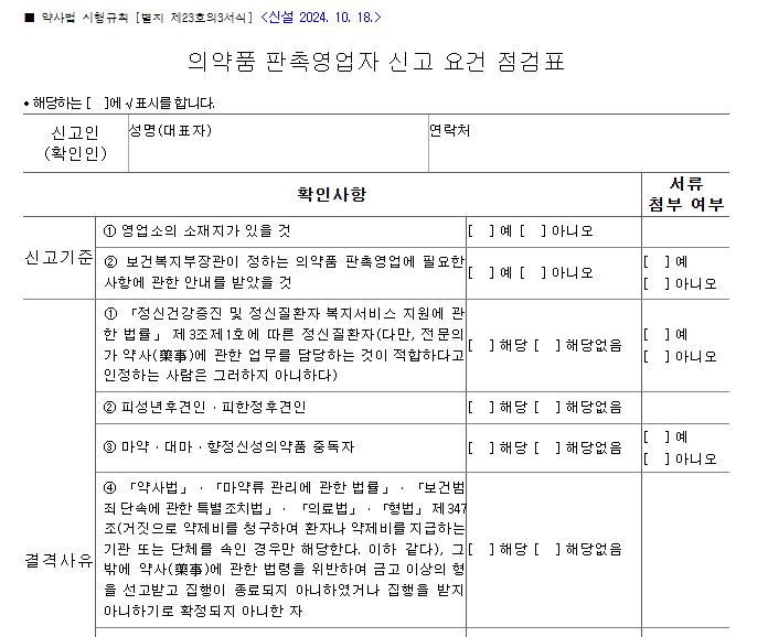 의약품 판촉영업자 신고 요건 점검표: 신고기준과 결격사유 확인 항목
