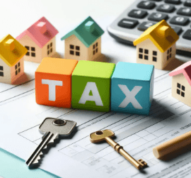 집 모형과 열쇠, 계산기 옆에 놓인 TAX 글자 블록