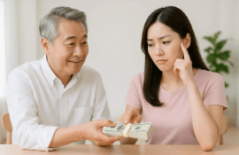 부모가 자녀에게 현금 다발을 건네는 모습