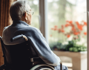 창가에서 휠체어에 앉아 있는 노년 남성의 뒷모습