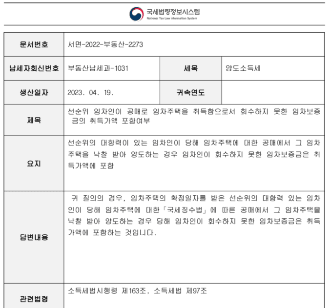 서면-2022-부동산-2273 해석: 공매 낙찰 시 미회수 임차보증금은 취득가액 포함