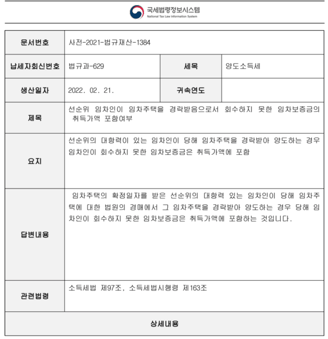 사전-2021-법규재산-1384 해석: 경락 시 회수 못한 임차보증금 취득가액 포함