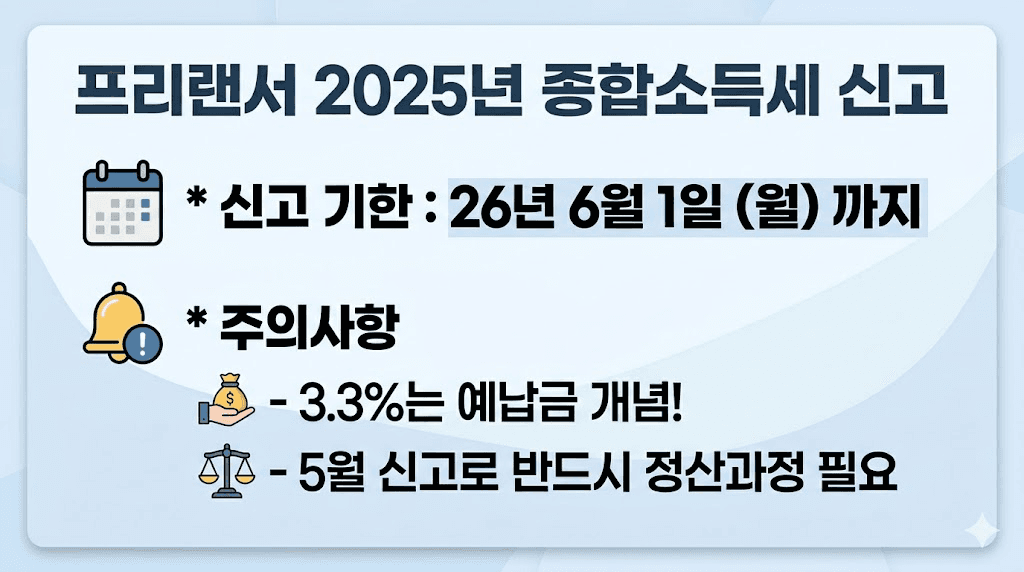 2025년 종합소득세 신고 기한 26년 6월 1일, 3.3%는 예납금이라 정산 필요