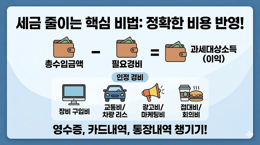 총수입금액에서 필요경비를 빼 과세소득 계산, 인정 경비 장비·교통·광고·접대비