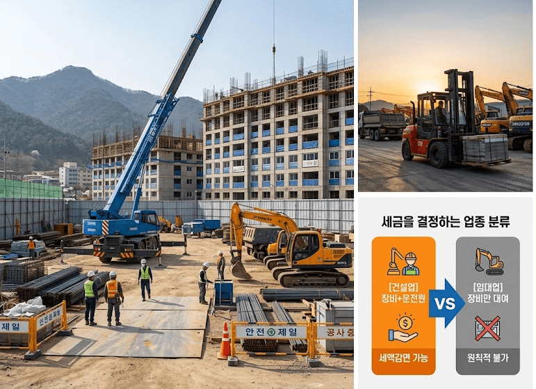 건설업(장비+운전원, 세액감면 가능)과 임대업(장비만 대여, 원칙적 불가) 비교 및 건설현장 사진