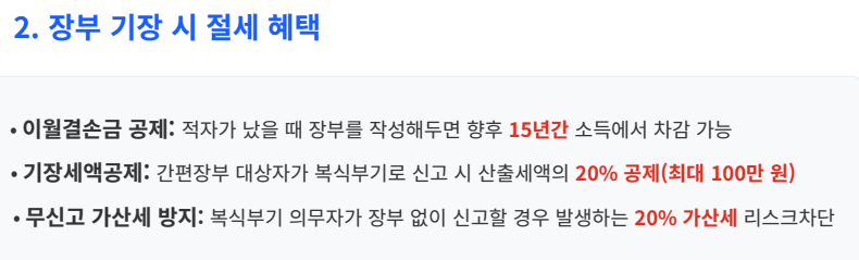 장부 기장 절세 혜택: 이월결손금 15년, 기장세액공제 20%(최대 100만 원), 무신고 가산세 방지