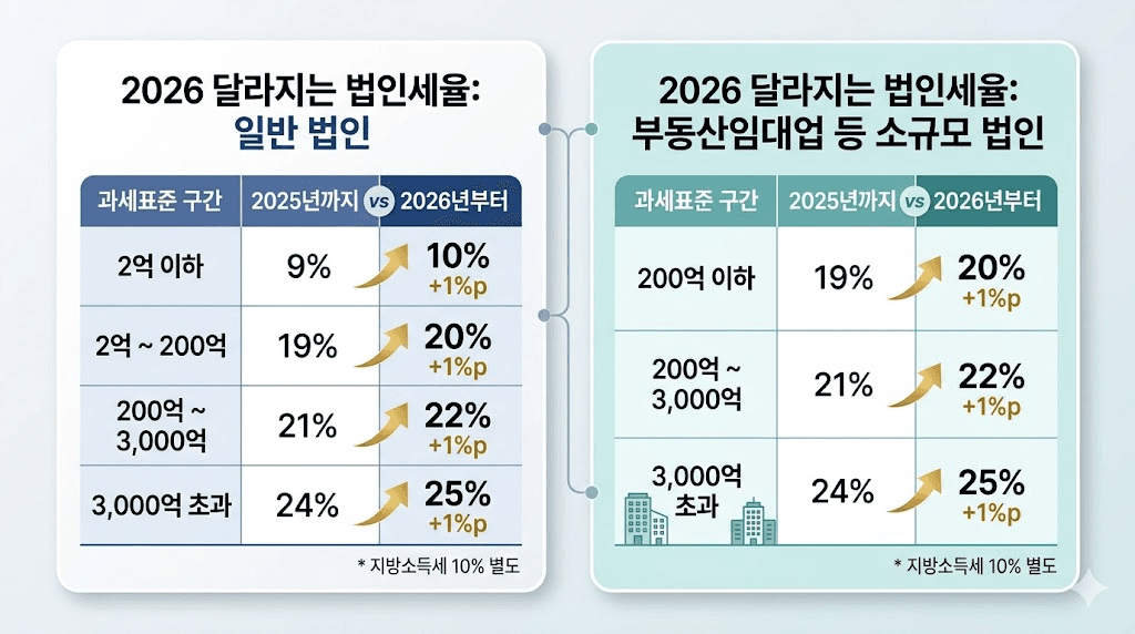 2026년 법인세율 비교표: 2억 이하 9→10%, 200억 이하 19→20%, 3,000억 초과 24→25