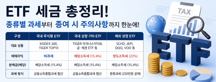 ETF 세금 총정리: 국내 주식형 비과세, 기타 15.4%, 해외 22%