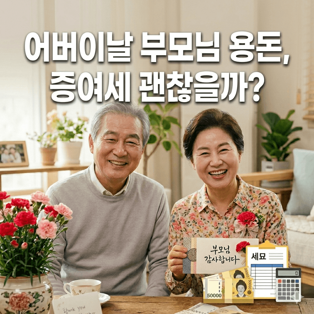 어버이날 부모님 용돈, 증여세 괜찮을까? 문구와 웃는 부모님 일러스트