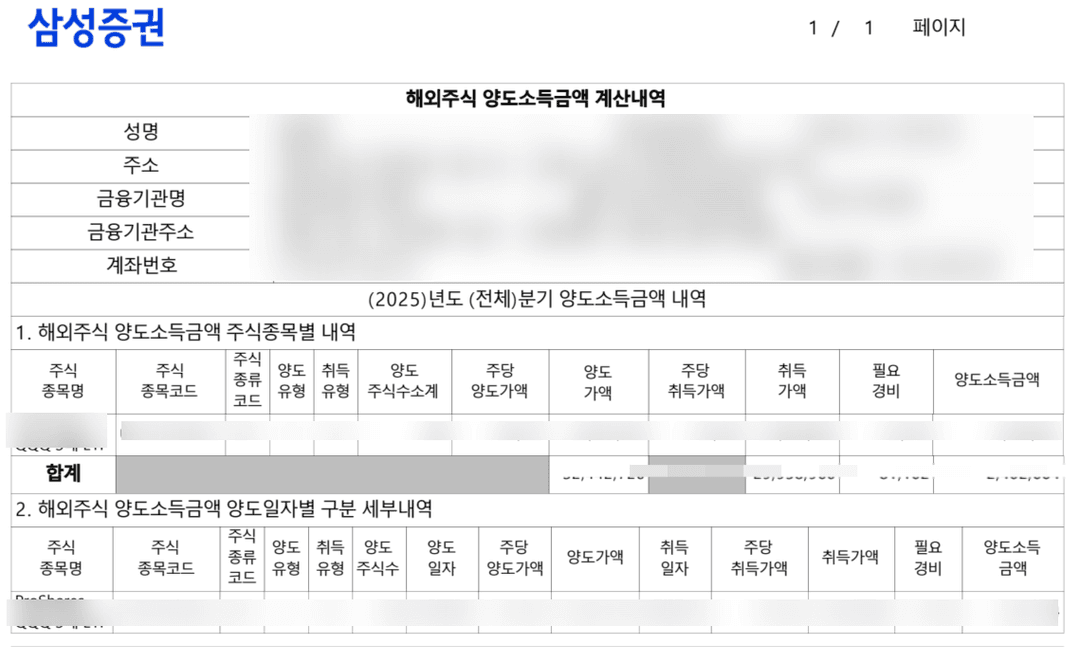 삼성증권 해외주식 양도소득금액 계산내역서(종목별·양도일자별 내역)