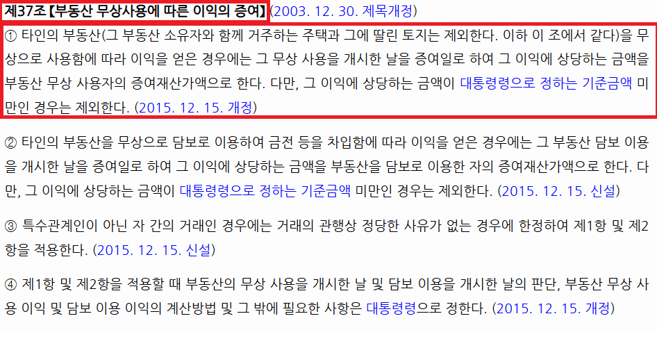 상속세 및 증여세법 제37조 부동산 무상사용 이익의 증여 조문