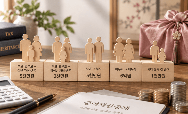 증여재산공제 한도 인포그래픽(부모·조부모 5천만원, 배우자 6억원 등)